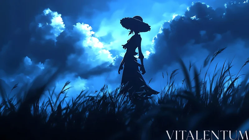 Moonlit wanderer carves a quiet path through whispering grass