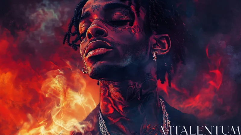 Tattooed figure in red smoke, neon fire-lit portrait.