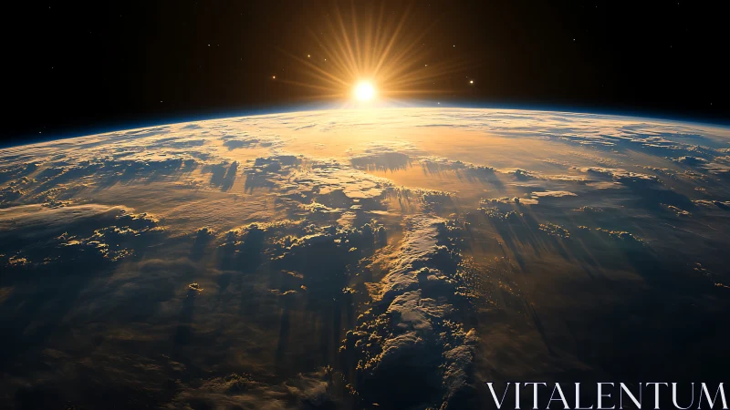 Sunrise leans over Earth, brushing cloud oceans with gold