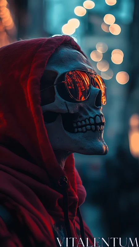 Neon skull figure in red hoodie under city bokeh lights.