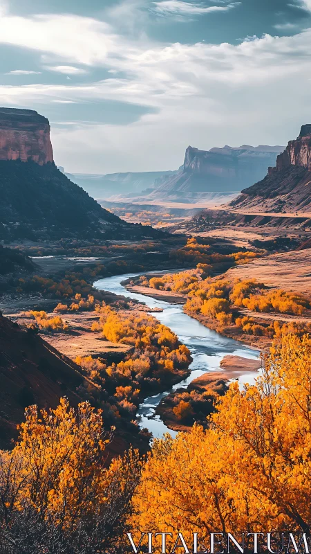 Vertical landscape study with autumn river valley perspective.