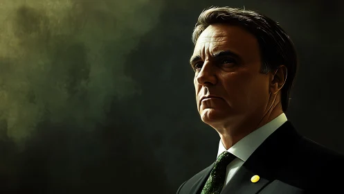 Stoic middle‑aged man in suit against dark abstract backdrop.