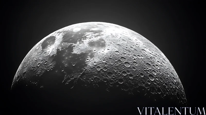 Lunar surface shows highly detailed craters in sharp relief