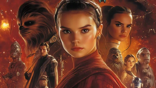 Cinematic sci fi ensemble poster with heroic central heroine