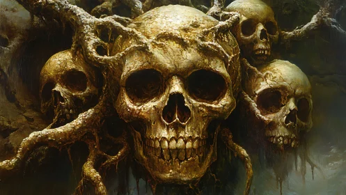Root-entwined skull cluster rendered in dark fantasy detail