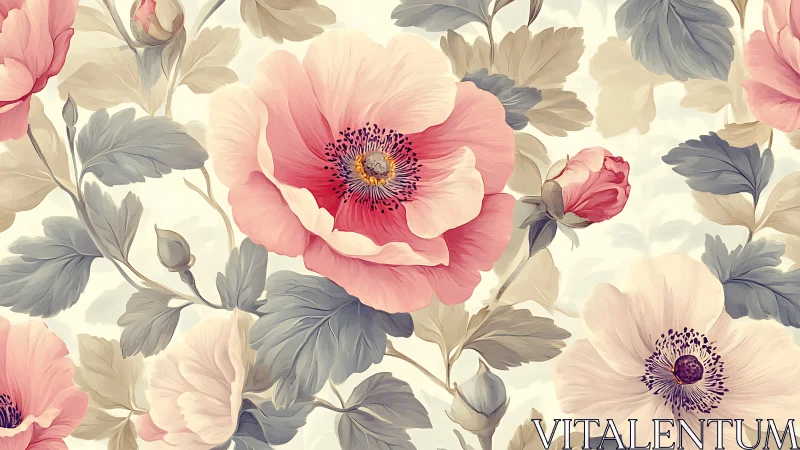 Layered Botanical Pattern with Pink and Cream Flowers Against Neutral Background