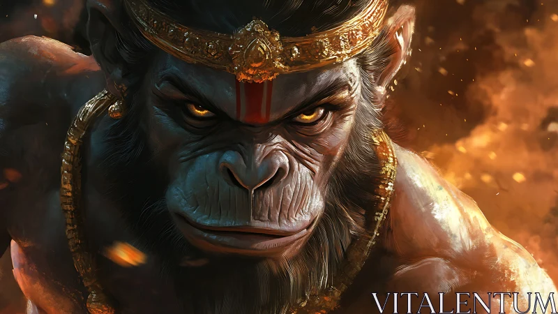 Mythic warrior ape with golden crown amid blazing embers.
