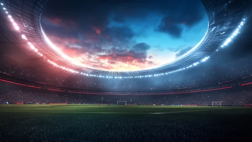 Glowing evening soccer stadium waiting for the big kickoff.
