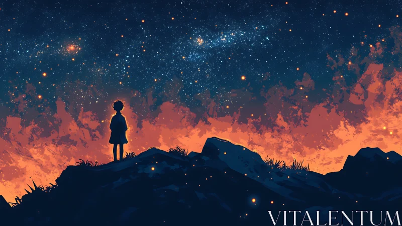 Stargazing silhouette against blazing dusk and nebula sky.