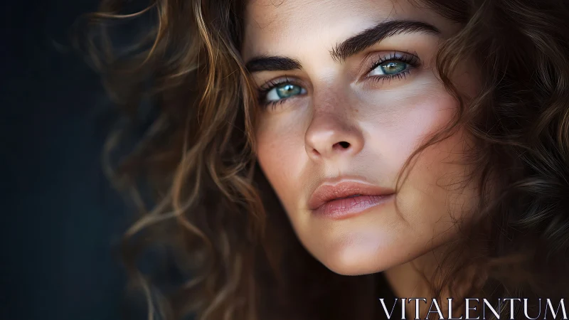 Close-up portrait of woman with curly hair and green eyes.