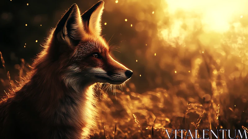 Fox in embers of sunset light with golden backlit field.