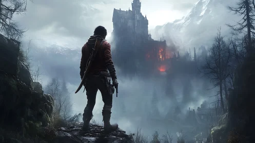 Lone wanderer gazes toward a burning cliffside fortress