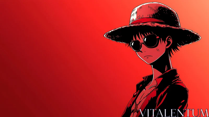 Straw-hatted rebel in sunglasses on searing red horizon.