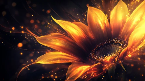 Digital sunflower close-up with luminous orange petals detail.