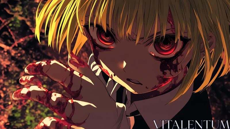 Bloodstained anime combatant with glowing red spiral eyes