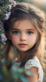 Young child with blue eyes among purple flowering branches