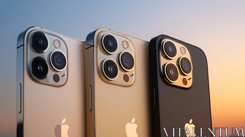 Three iPhone Pro models displayed with camera systems against twilight sky.