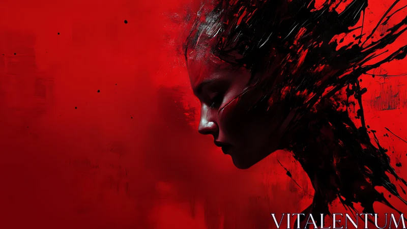 Profile of fragmented head in red and black abstract field.