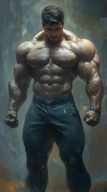 Hyperreal digital painting of muscular male figure in tension