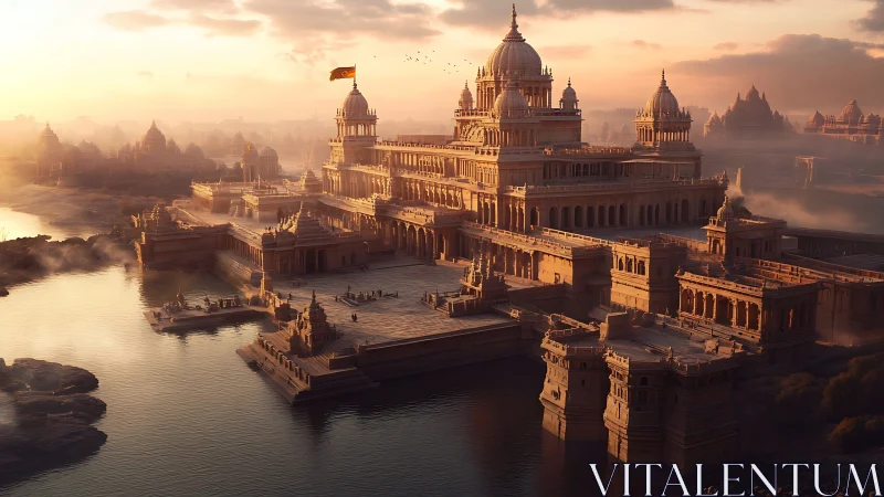 Sunlit river palace complex in monumental digital painting.