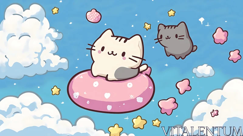 Kawaii Cat Character in Pink Inflatable Floating Among Celestial Elements.