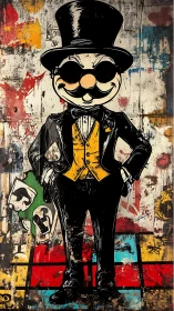 Dapper cartoon tycoon stands on distressed urban grid.