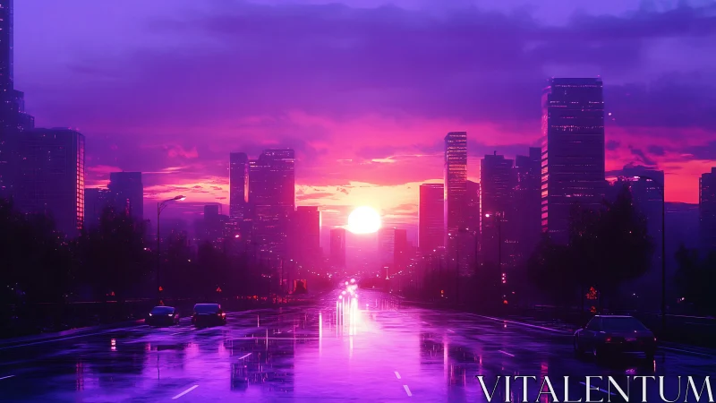 Sun sets behind reflective wet avenue in dense cityscape