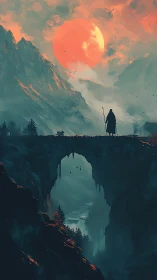 Silhouetted traveler stands on stone bridge under red sun