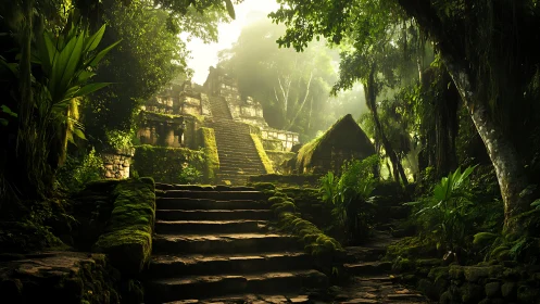 Moss-covered stone stairway ascends toward mist-lit jungle temple ruin