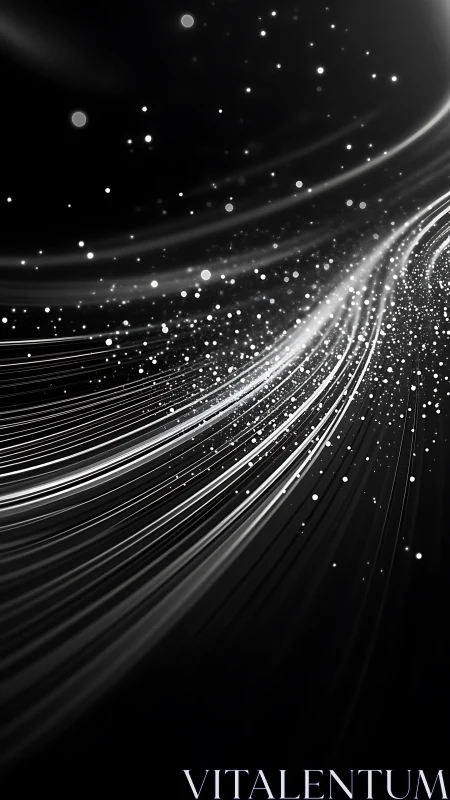 Silver particle streams curve through deep black void.