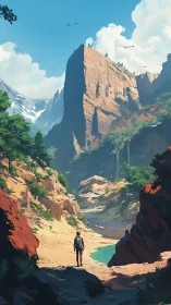 Hiker stands in sunlit canyon beneath towering sandstone cliffs