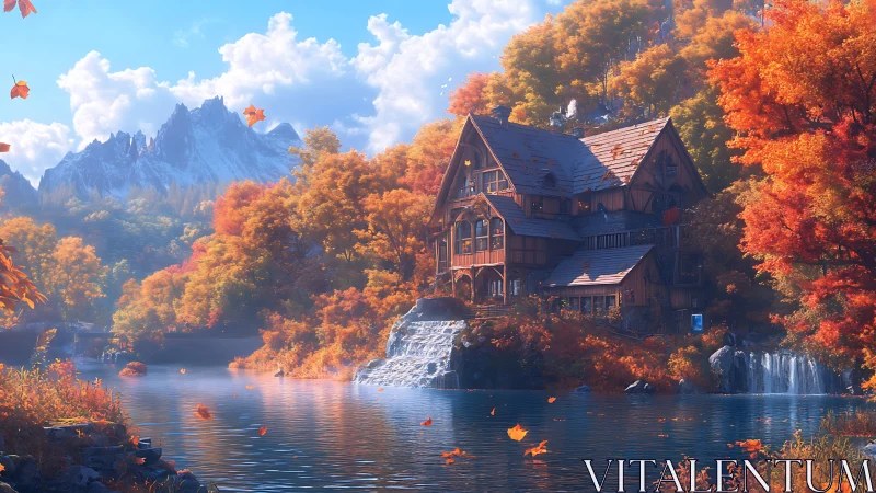 Lakeside timber lodge stands by waterfall in vivid autumn forest