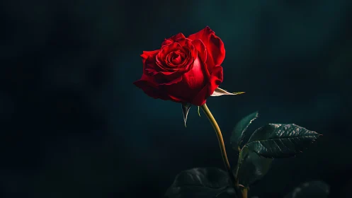 Red rose specimen photographed against dark teal background with controlled lighting
