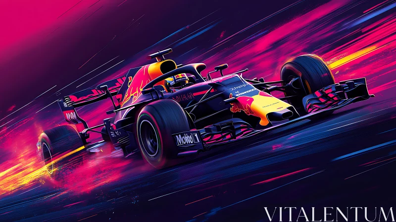 Neon thunder race car slicing through a flaming night track.