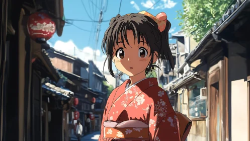 Street-side surprise for a kimono girl in sunlit old town.