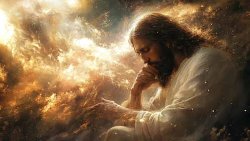 Starlit contemplative figure listens to the quiet cosmic fire