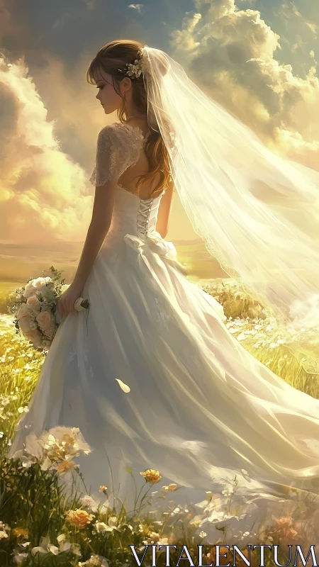 Bride in white gown standing in sunlit meadow at sunset.