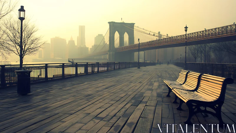 Brooklyn Bridge promenade in hazy early morning light.