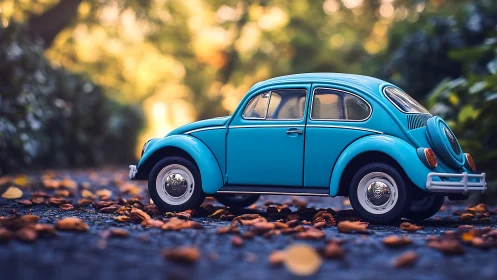 Macro study of blue die-cast Beetle amid autumnal bokeh field.