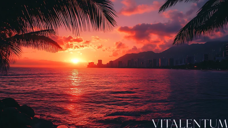 Photorealistic tropical sunset seascape with urban skyline framing.