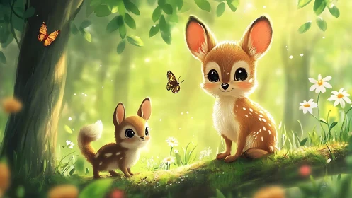 Cute baby deer and chipmunk in sunny fantasy forest scene.