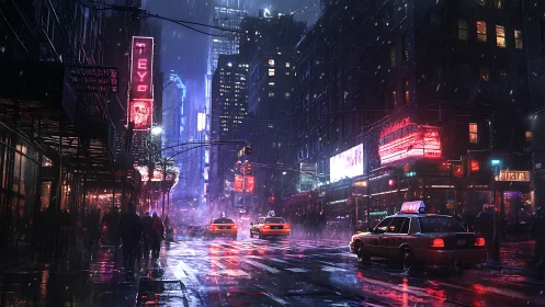 Neon rainstorm crowns midnight taxis in electric canyon.