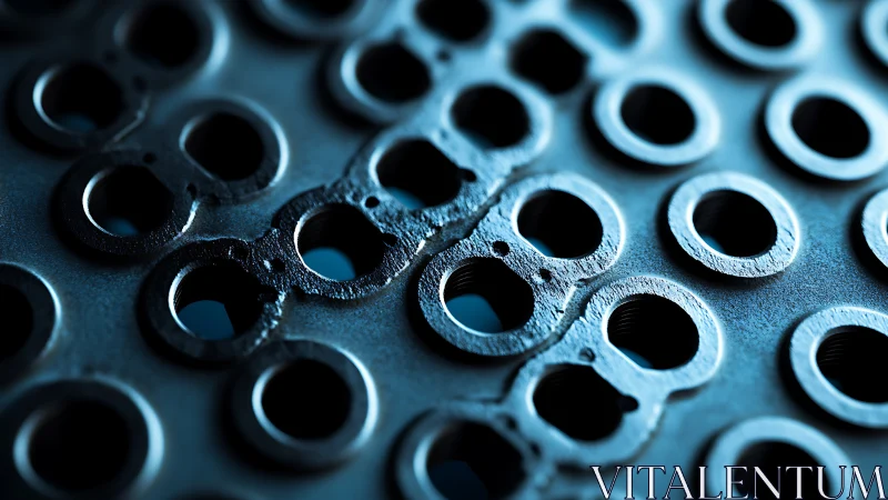 Macro view of perforated metal plate with circular cutouts.