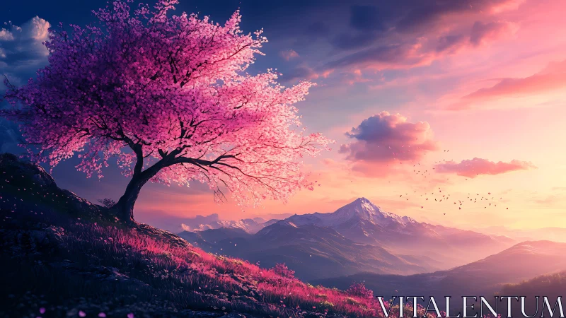 Solitary pink blossom tree above distant snow peak.