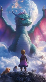 Child hero confronts colossal dragon above glowing clouds