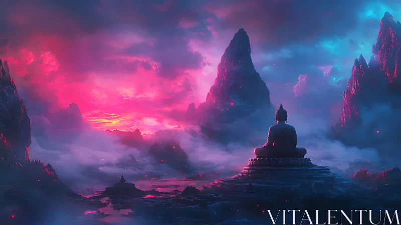 Buddha silhouette faces neon-lit misty mountains at sunrise