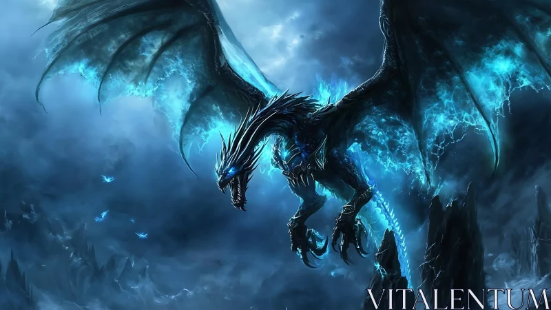 Storm-lit ice dragon unleashes blue flame over frozen peaks
