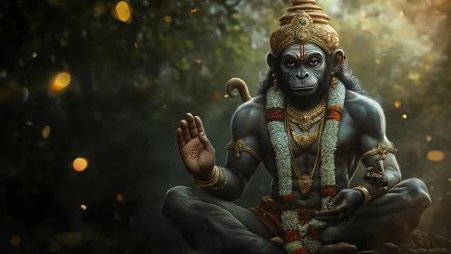 Hyperreal simian deity in meditative forest scene with garlands