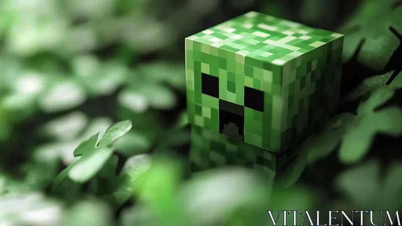 Voxel creeper cube rendered amid lush macro foliage.