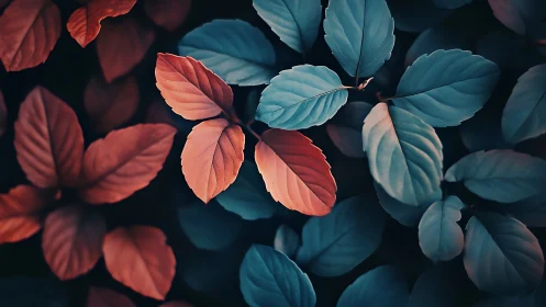 Bicolor foliage macro study with teal-orange cinematic grading